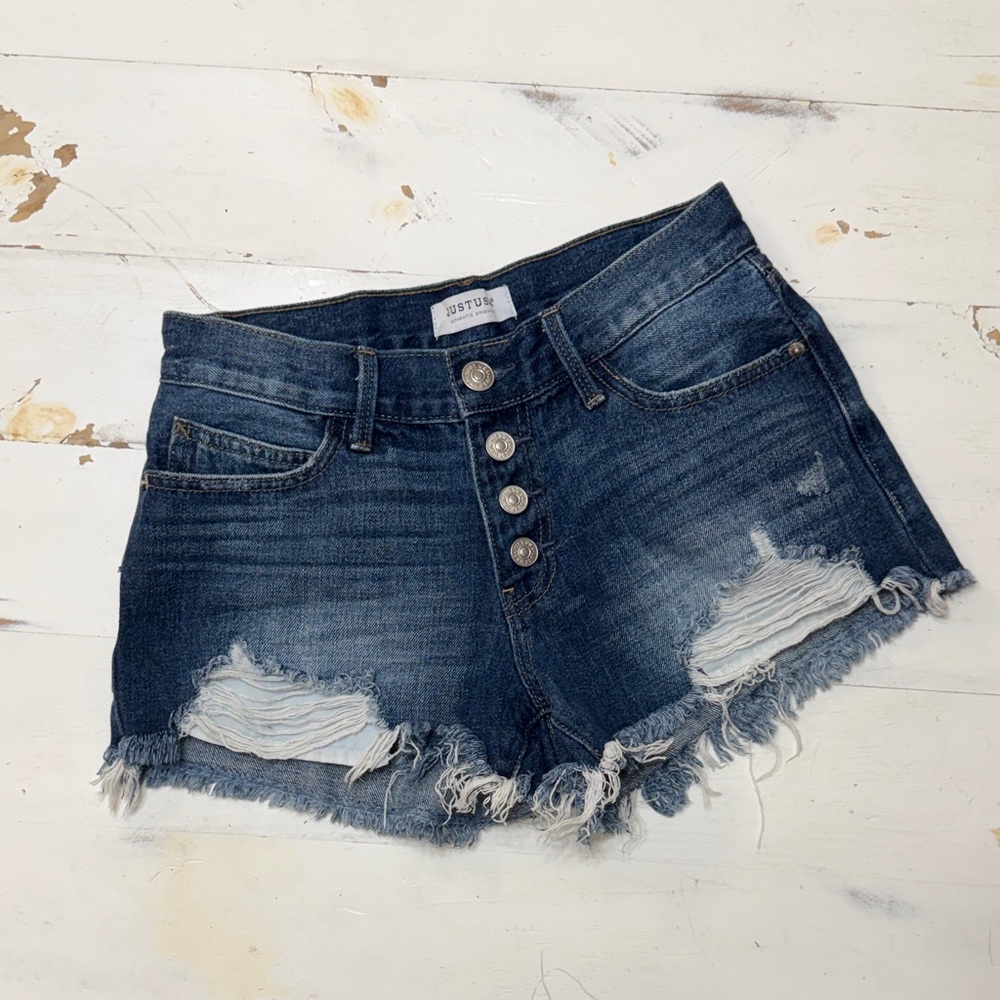 Just USA Dark Blue Distressed Button-Fly Denim Shorts